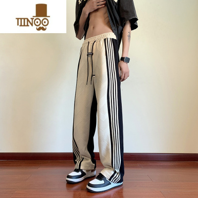 YANXU条纹针织卫裤男oversize大码直筒宽松运动阔腿休闲长裤子