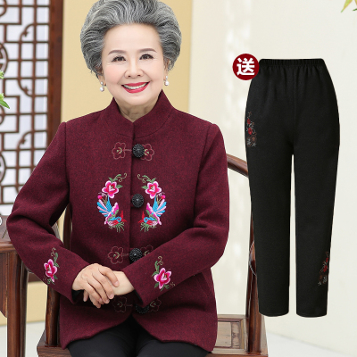 七斓中老年人女装毛呢外套妈妈唐装绣花呢子大衣老人衣服奶奶套装毛呢外套