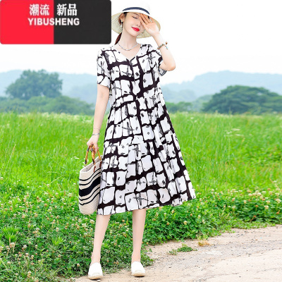 YIBUSHENG季气质妈妈棉绸连衣裙女中长款大码宽松显瘦碎花小个子大摆裙子
