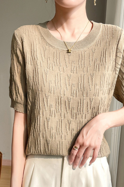 夏季女装新款曲珠冰麻丝短袖女针织衫T恤女圆领背心上衣