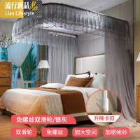 新款U型伸缩导轨蚊帐家用落地公主宫廷风纹帐1.8m床防蚊罩1.5米2 三维工匠