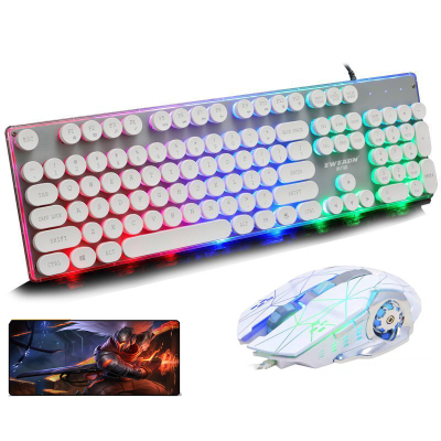 白色-前行者机械手感键盘鼠标套装圆形键帽复古朋克键盘发光键鼠套装电脑USB电竞有线键鼠套装前行者键盘+游戏鼠标-