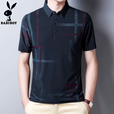 BABIBOY男装短袖t恤春夏季中年冰丝爸爸衬衫桑蚕丝翻领