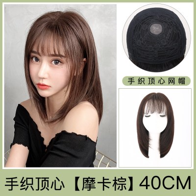 假发女长发短发全头套式真发全真自然中长发真人洛滑发丝锁骨假发套手织顶心摩卡棕-