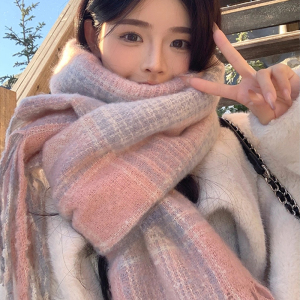 啄木鸟2025新款蓝咖格纹围巾女冬季韩版氛围感加厚保暖围脖披肩男