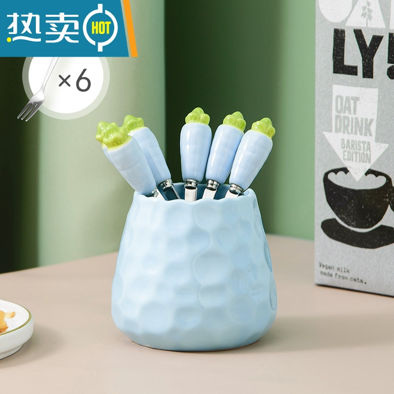 敬平水果叉子家用不锈钢收纳罐套装儿童高端可爱草莓水果签小果叉 天空蓝-收纳罐+6叉