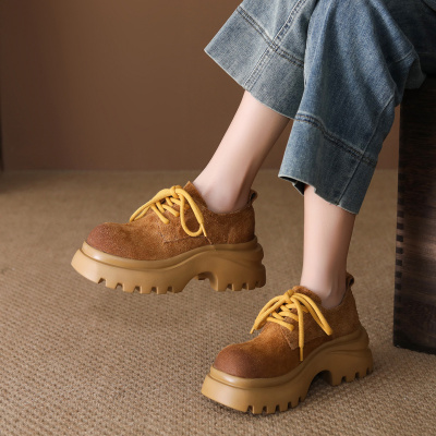 头层牛皮单鞋女2026春季新款复古圆头厚底软皮系带增高百搭休闲鞋