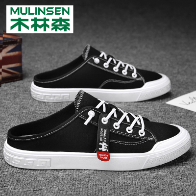 木林森男鞋夏季透气一脚蹬帆布潮鞋网红半拖鞋懒人无后跟包头布鞋