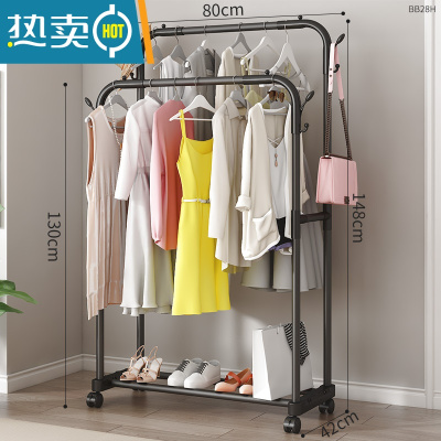 敬平简易晾衣架落地折叠室内单杆式凉衣服晒架子家用衣帽架卧室挂衣架 80CM黑色双杆[置物款]+轮 中