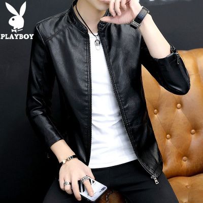 苏宁星选-PLAYBOY/花花公子男士皮衣2020春秋时尚夹克外套男加绒加厚修身韩版潮
