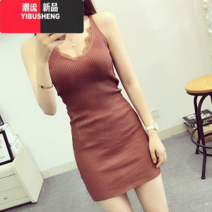 YIBUSHENG装2022新款女装钩花蕾丝V领针织吊带连衣裙无袖打底包臀背心裙