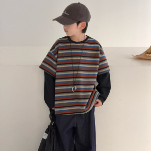 男童卫衣春季2026春秋新款大童春装条纹内搭潮童装儿童假两件上衣