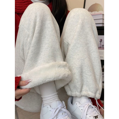 羊羔绒加绒运动裤女秋冬季加厚棉裤外穿束脚卫裤宽松小个子阔腿裤_474