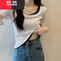 YIBUSHENG设计感方领假两件短袖t恤女装季2024新款修身纯欲小众短款上衣