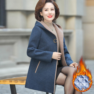 FISHBASKET妈妈冬装毛呢外套洋气中年女装长款连帽呢子大衣加棉加厚风衣毛呢外套