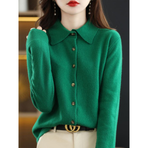 春秋POLO领针织衬衫外搭宽松长袖毛衣非羊绒开衫气质翻领外套