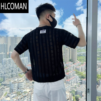 HLCOMAN高级感镂空T恤男夏季冰丝半袖ins潮牌短袖2025新款男装衣服半截袖