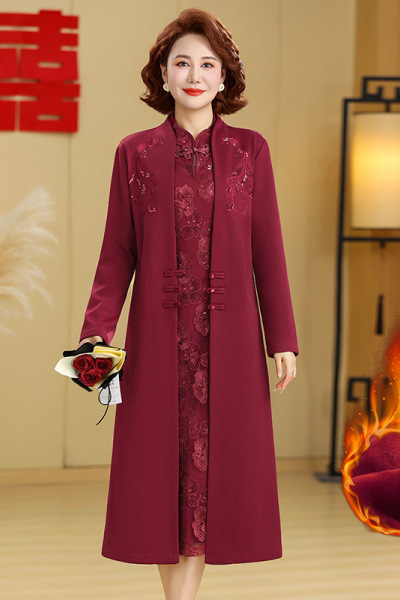 喜婆婆婚宴装冬季加绒中年妈妈连衣裙子两件套中式复古改良旗袍