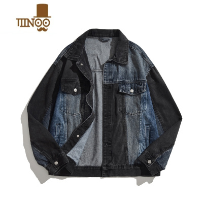 YANXU经典复古时尚潮流设计感拼接翻领宽松水洗牛仔夹克帅酷外套男