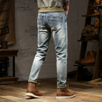破洞牛仔裤男潮痞帅复古直筒日系潮款修身高弹高含棉休闲青年长裤