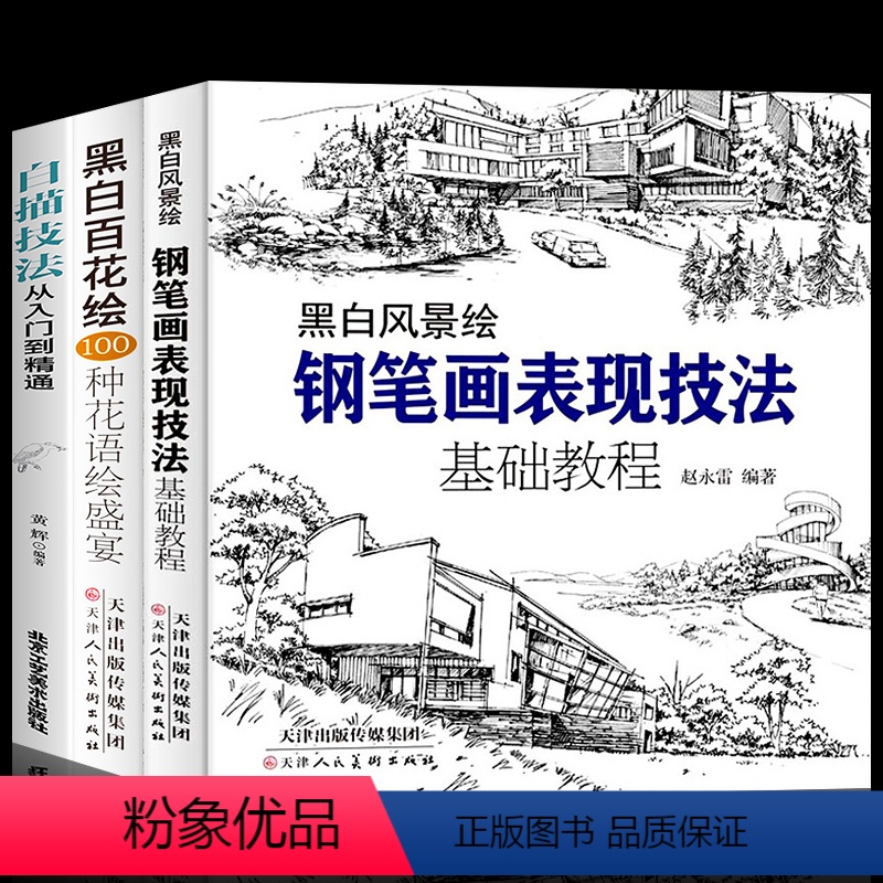 [正版]全三册 黑白风景绘+黑白百花绘+白描技法铅笔画 钢笔画表现技法基础教程从入门到精通 零基础学绘画速写线描画初学