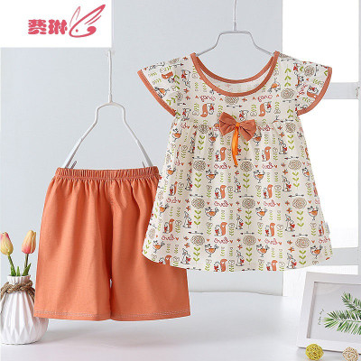 女童套装夏季薄款女宝宝短裤蝴蝶结裙套服儿童睡衣费琳