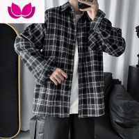 七斓夏季格子衬衫男长袖潮宽松日系港风韩版潮流帅气复古港味薄款衬衣