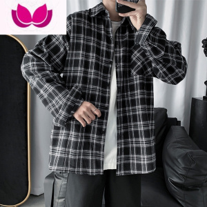 七斓夏季格子衬衫男长袖潮宽松日系港风韩版潮流帅气复古港味薄款衬衣