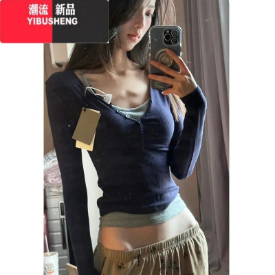 YIBUSHENG美式假两件长袖t恤女春秋设计感小众短款辣妹打底衫修身显瘦上衣