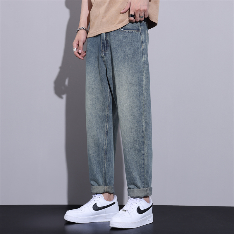 2026高街潮流 浅蓝做旧牛仔裤 男士宽松锥形九分哈伦复古丹宁长裤