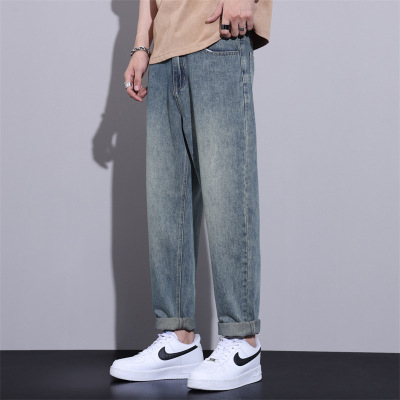 2026高街潮流浅蓝做旧牛仔裤男士宽松锥形九分哈伦复古丹宁长裤
