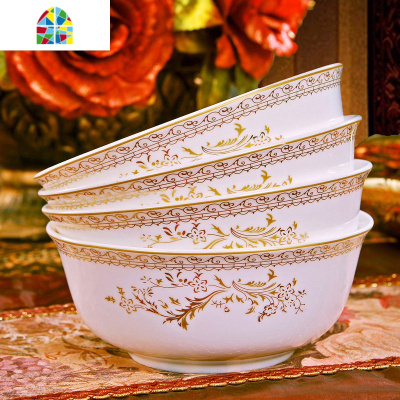 景德镇陶瓷面碗家用吃饭碗中式碗碟套装大汤碗泡面碗蒸菜碗4个装 FENGHOU 银装玫瑰面碗4个装