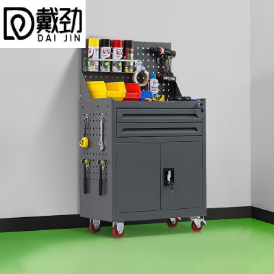 戴劲工具车移动维修收纳柜工具架多功能工具箱五金工具柜深灰二抽带网