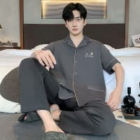 睡衣男夏季短袖长裤棉质套装薄款青少年休闲开衫家居服大码可外穿