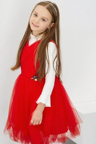 [2件2折价:61]米喜迪mecity童装女童层叠百褶网纱红色公主裙礼服连衣裙