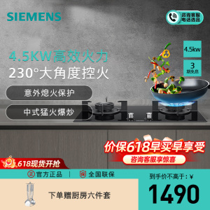 西门子 4.5kw 燃气灶 嵌入式天然气灶具 台式双灶 玻璃面板 熄火保护 ER77GA23MP