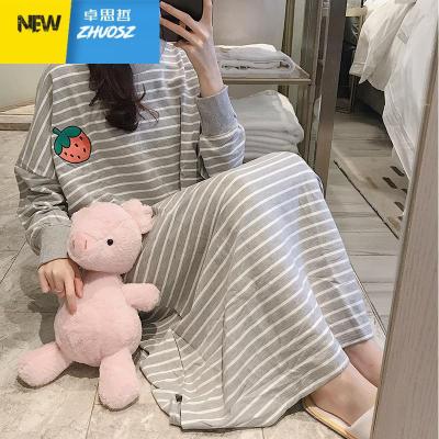 长睡裙女春秋冬季款条纹长袖睡衣薄款大码胖mm韩版可爱甜美卓思哲