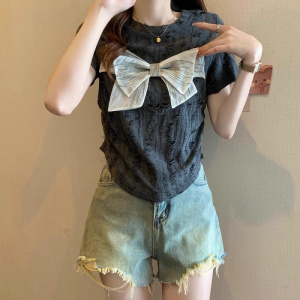 韩版夏季新款复古收腰显瘦破洞上衣MM蝴蝶结设计感正肩袖针织衫女