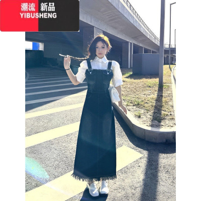 YIBUSHENG牛仔背带裙套装女季2024新款泡泡袖衬衫+连衣裙茶系穿搭一整套