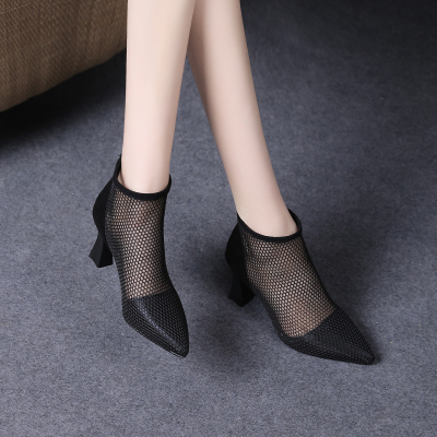 Ideamini凉靴女夏2021年新款皮靴子女镂空网靴夏季网纱女鞋罗马高跟短靴黑色尺码齐全拍下备注平时所穿尺码
