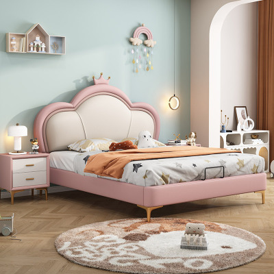 兰秀家居 儿童床女孩公主床现代简约皇冠皮艺床ins网红1.5米粉色云朵少女学生房间单双人实木床卧室家具