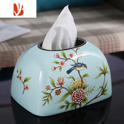 三维工匠纸巾盒摆件客厅抽纸餐巾创意陶瓷欧式风格餐桌轻奢风茶几ins纸抽 兰色鸟啼花开纸巾盒(没底板) 陶瓷