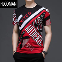HLCOMAN欧洲站夏季新款T恤短袖男休闲圆领修身2025冰丝个性印花体恤男士