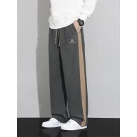 灯芯绒高端男士裤子秋冬季新款宽松直筒刺绣阔腿潮牌拼色休闲裤男