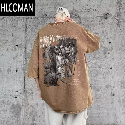 HLCOMAN短袖t恤男夏季水洗做旧潮牌美式复古宽松大码五分袖体恤