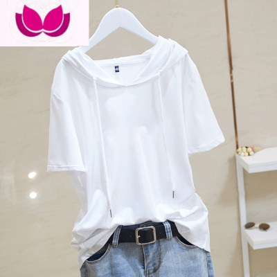 七斓日系街头复古港味黑色连帽短袖t恤女2023夏季新款宽松潮流上衣ins