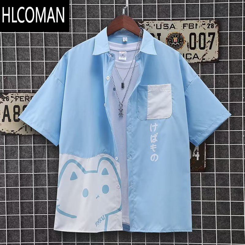 HLCOMAN夏季日系短袖衬衫男青少年卡通猫咪潮牌港风ins潮流帅气学生衬衣