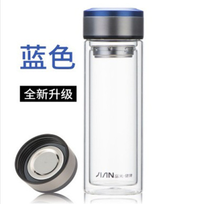 富光玻璃杯便携双层耐热办公杯男女加厚杯车载大容量带滤网蓝色X1705-SP-350ML