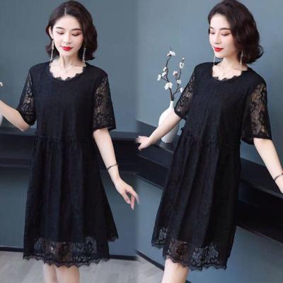 情娇婷(QINGJIAOTING)夏女短袖黑色蕾丝连衣裙2021大码新款胖mm洋气遮肚中长款a字裙子