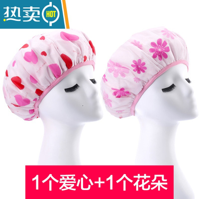 敬平三合一双层浴帽加厚成人淋浴防水焗油浴帽发膜快速干发帽吸水 2个装 花朵+爱心